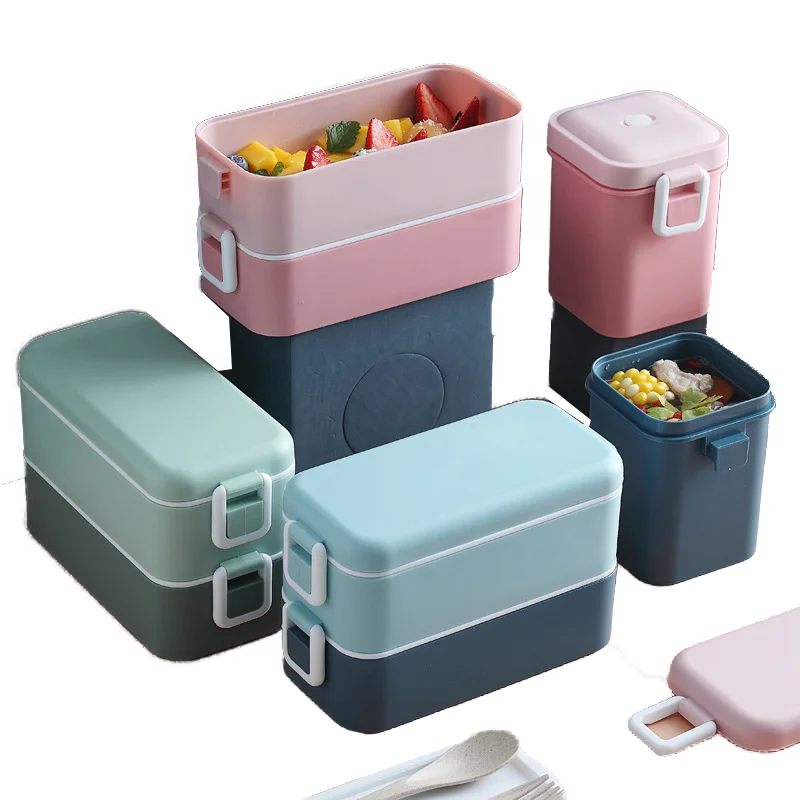 

New Microwave Lunch Containers Box Double-layer Wheat Straw Food Storage Container School Kids Portable Bento Box Lunch Bag
