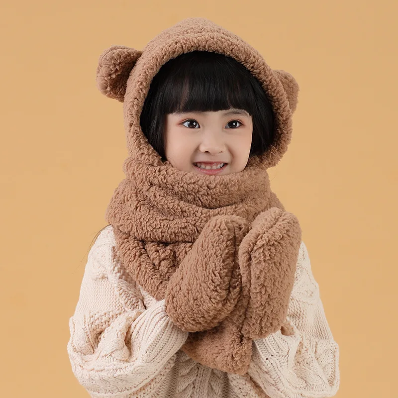 Cute Bear Ear Hat Scarf Gloves Set Winter Chidren Novelty Caps Warm Earflaps Hat Plush Hats Neck Protection Fleece kids Beanies