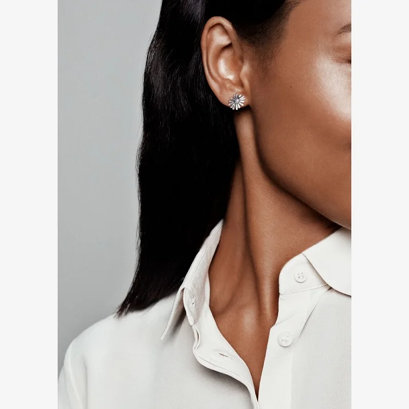 

Real 925 Sterling Silver Pave Daisy Flower Statement Stud Earrings For Women Silver S925 Jewelry Gift For Girlfriend Wife