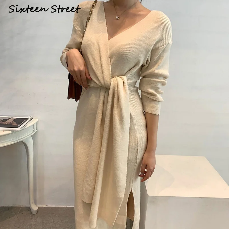 Женское вязаное платье-свитер с V-образным вырезом | Женская одежда