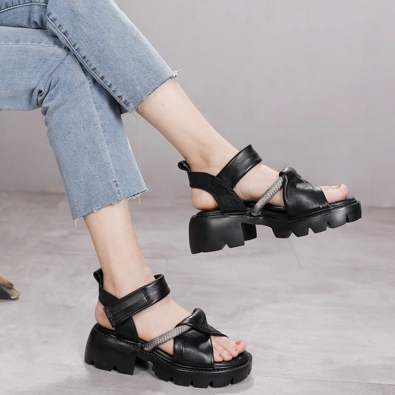 

YourSeason Ladies Hook & Loop Wedges Shoes Vintage Genuine Leather New Handmade Women Casual Platform Sandals Summer 2021