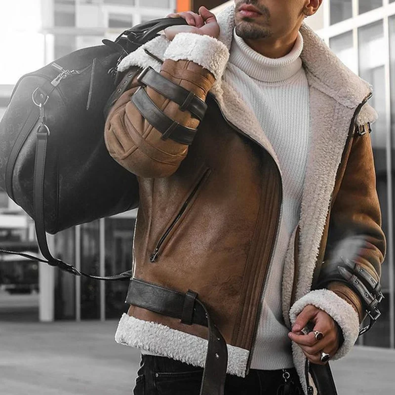 

Fashion Jacket Men Lapel Collar Buckles Pilot Jacket Warm Lamb Wool Motorcycle Jackets Bobmer Jacket Streetwear Mens Clothing