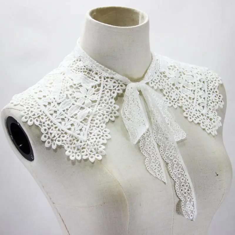 

European Pastoral Style Womens Doll False Fake Collar Hollow Out Embroidery Floral Lace Half Shirt Shawl with Bowknot