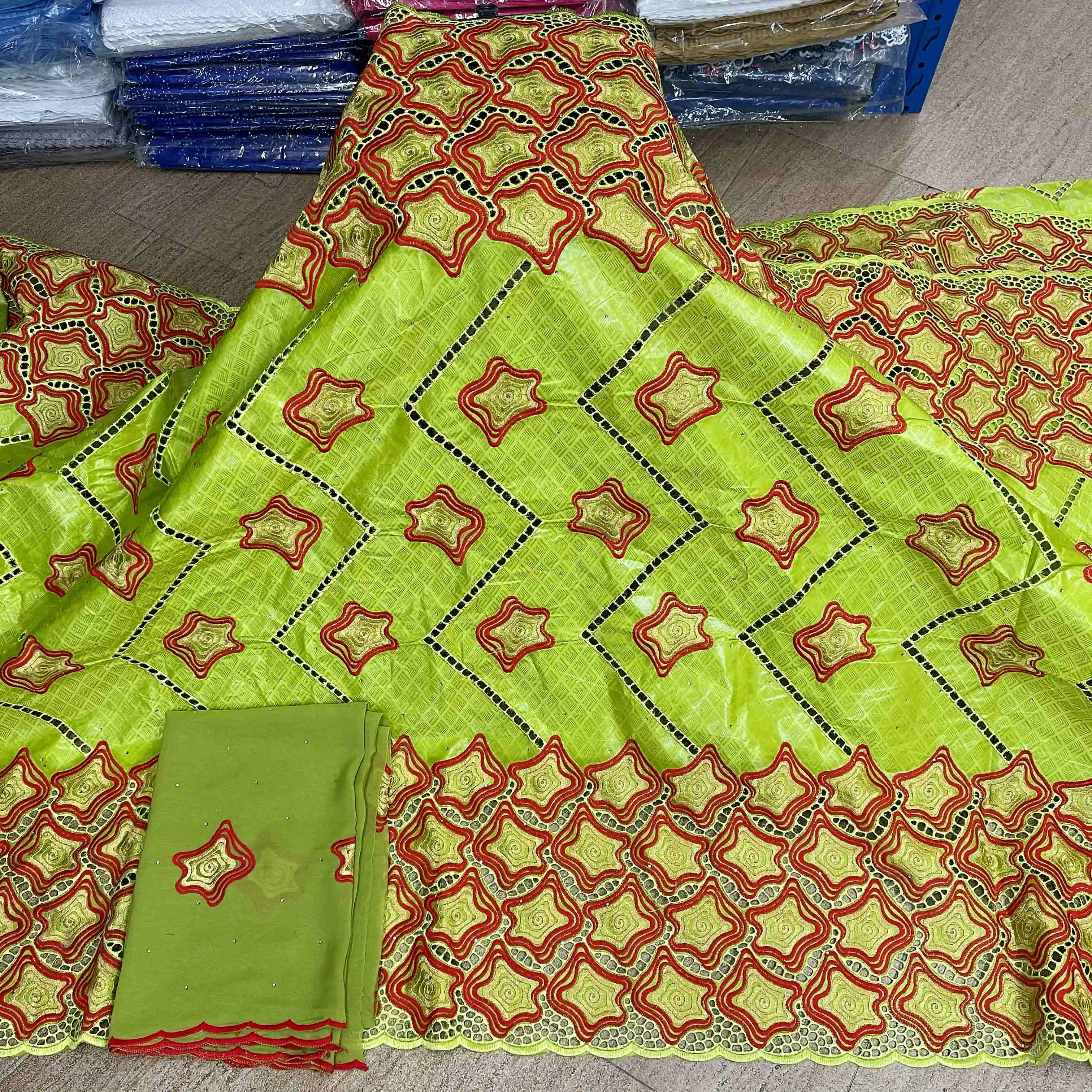 

2021 African bazin riche fabric with brode Latest fashion embroidery bazin lace fabric with net lace 7 yard