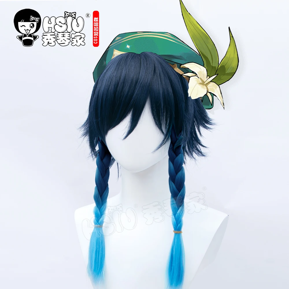 HSIU Game Genshin Impact Venti cosplay Wigs Blue gradient short hair Heat Resistant Synthetic Hair+Free gift brand wig cap