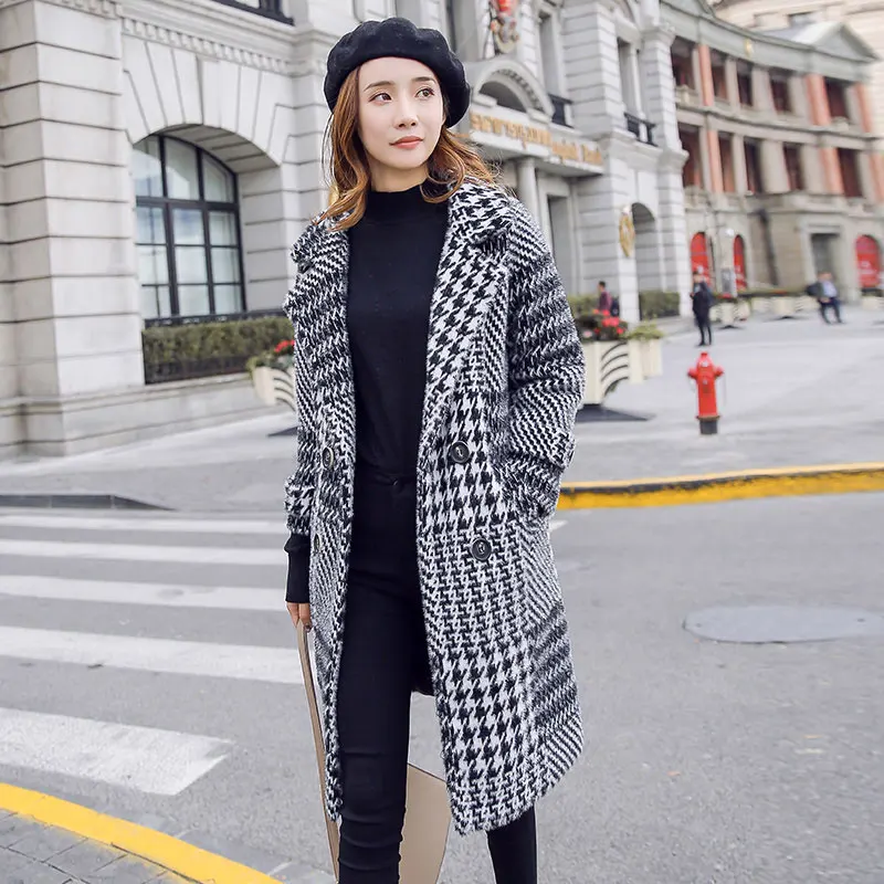 

S-XXXL New Sweater Cardigan Coat Women Autumn and Winter 2019 Chic Plaid Slim Long Knitted Mohair Sweater Outerwear