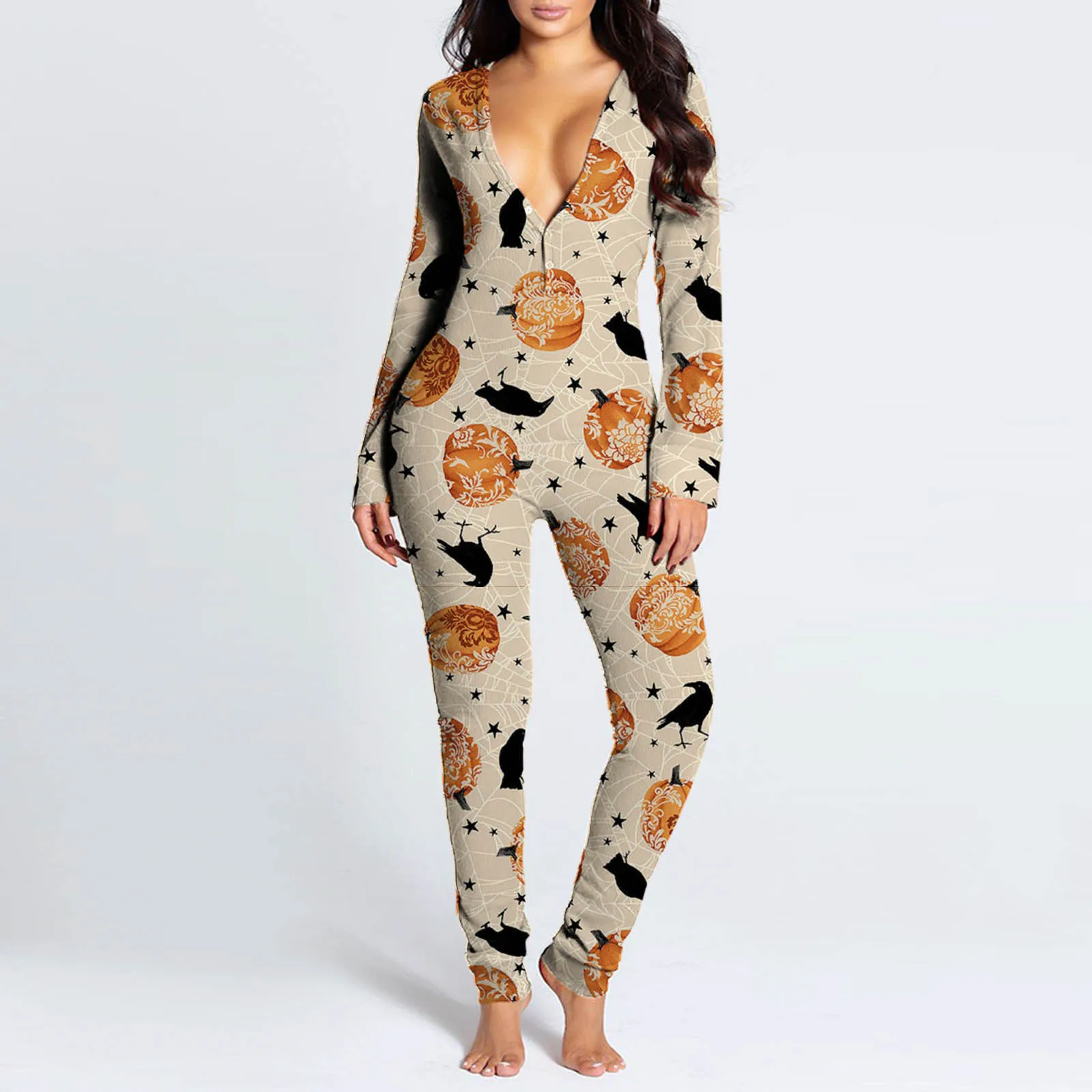 

New Sexy Women Pajamas Halloween Print Onesies Button-down Front Functional Buttoned Flap Adults Pyjama Long Sleeve Jumpsuit