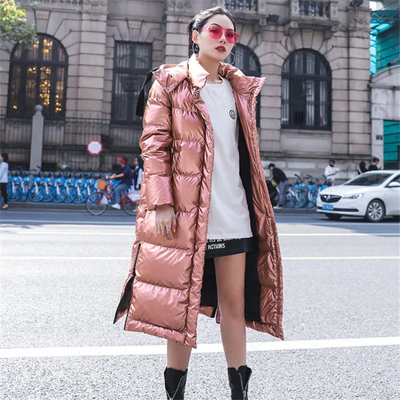 Корейский красный глянцевый длинный пуховик с капюшоном хлопковая куртка и