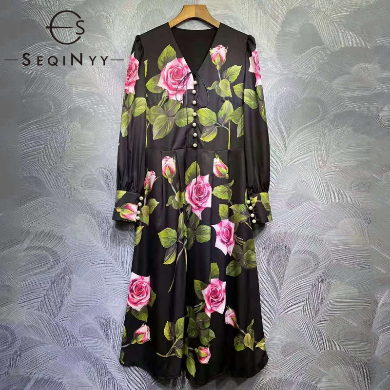 

SEQINYY Vintage Midi Dress Summer Spring New Fashion Design Women Runway High Quality Rose Flowers Print Buttons Elegant
