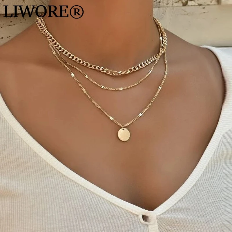 Liwore Retro Round Necklace Women Ladies Fashion Multilayer Pendant Necklace For Women High Quality Golden Necklace Jewelry liwore retro exaggerated round bead chain bracelet set for women oversized multilayer beaded gold ladies bracelet jewelry
