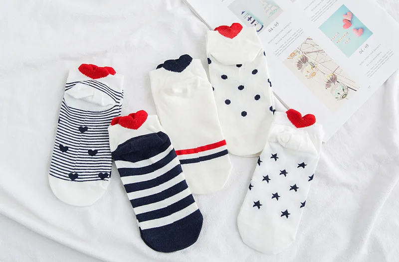 5Pairs/lot Women Cotton Striped Socks Cute Ankle Socks Short Women Socks Casual Animal Ear Red Heart Gril Socks 35-40