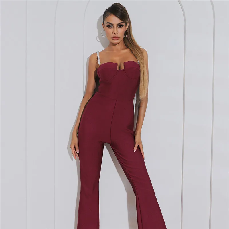 Elegant Women Straps Bandage Jumpsuit Sleeveless Pearl Chain Nightclub Party Slim Ladies Outfits Strapless Knit Rompers Fashion