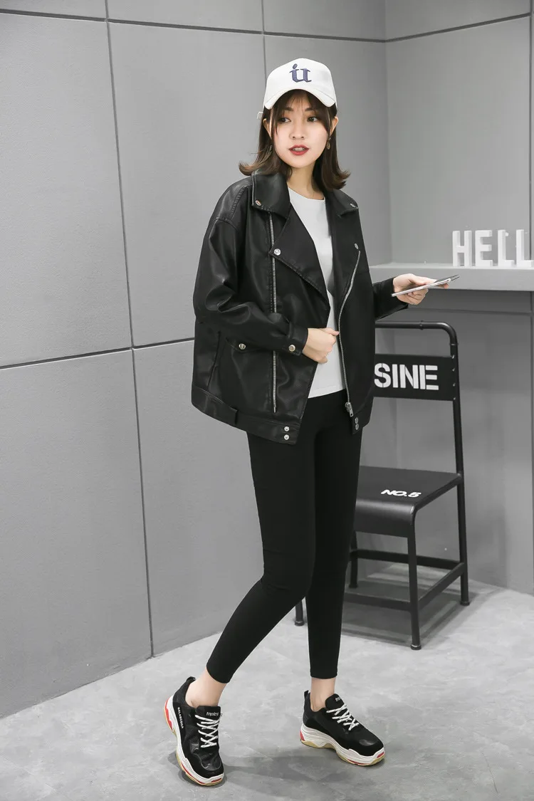 

European 2019 Autumn Winter Women Jacket Pu Leather Motorcycle Outerwear Coat Casual High Quality Black Biker Jacket Female