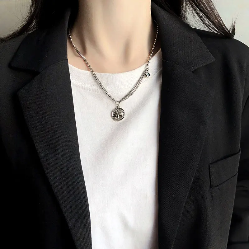 

MLKENLY 925 sterling silver Retro Blessing Animal Elephant Coin Pendant Star Short chain &link Bead Necklace for women jewelry