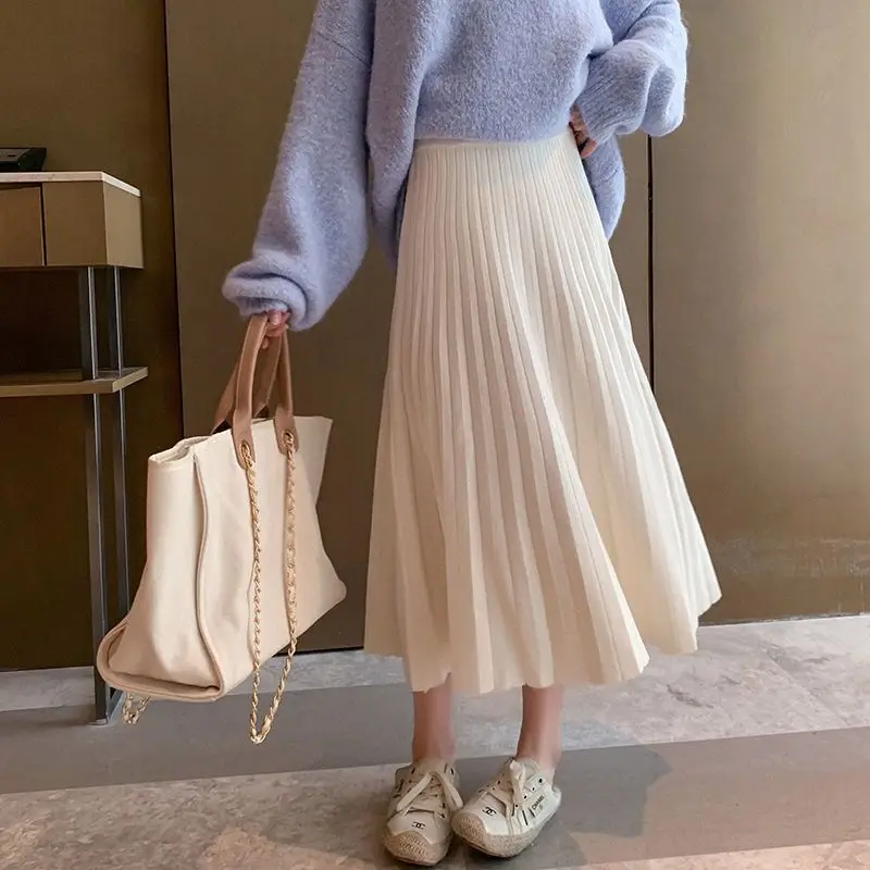 

2021 Women Autumn Winter Elegant Thickened Knitted Skirt Female Solid A-line Pleated Skirt Lady Fcasual Loose Office Faldas F896