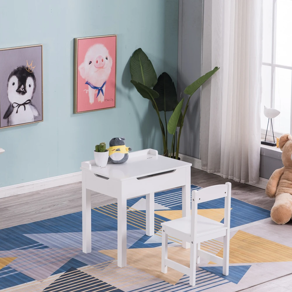 

[59 x 40.5 x 59]cm MDF White Children's Study Table and Chair Set of 2 Can Open Drawers, 1 Table and 1 Chair