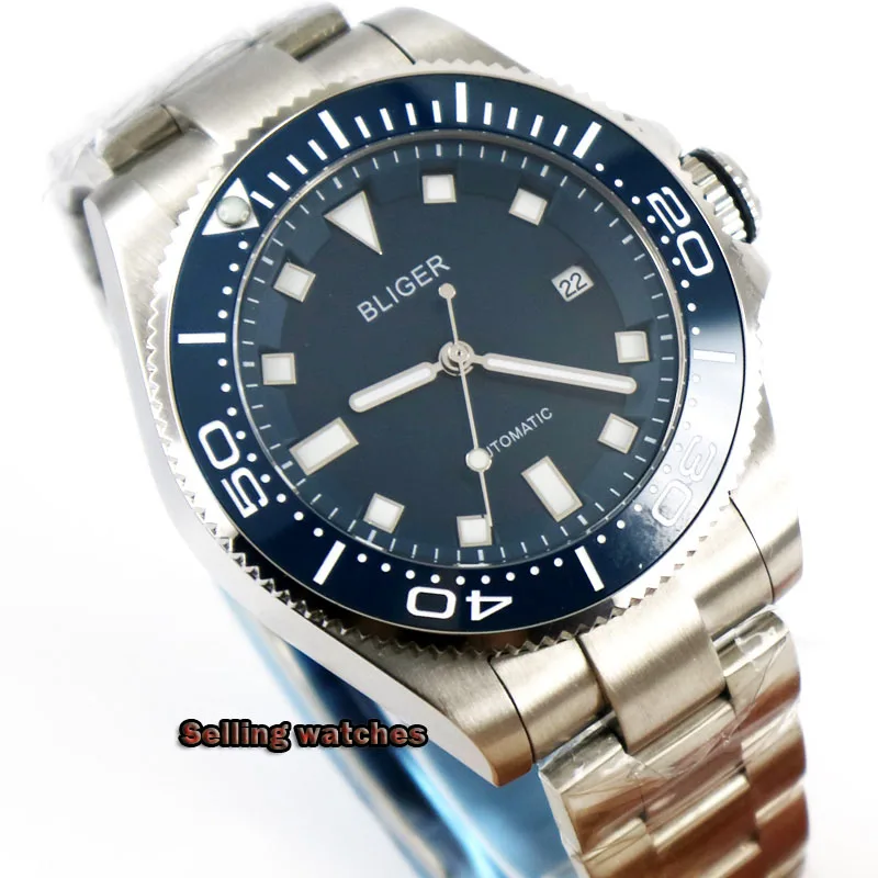

43mm BLIGER Blue dial Sapphire glass Luxury Luminous date ceramic bezel automatic men's watch