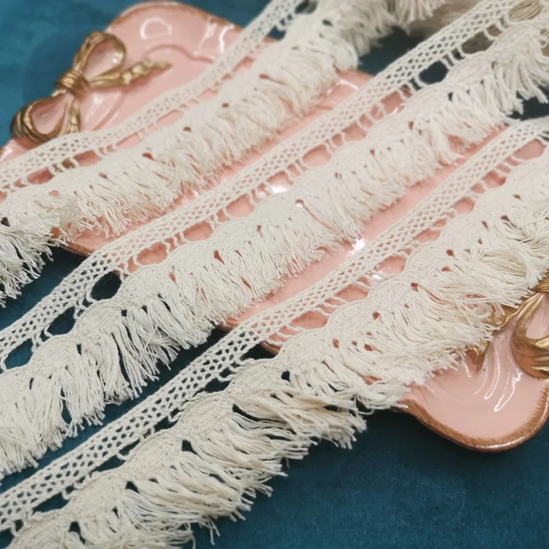 

3Yards Handmade DIY Ethnic Style Cotton Beige Tassel Lace Dangling Fringe Lace Trims For DIY Sewing Craft 4.5cm Width