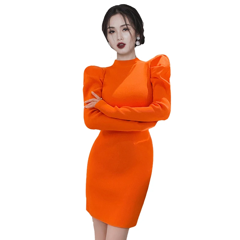 

COIGARSAM Knitting Women dress New Puff Sleeve Dresses Orange Black 503