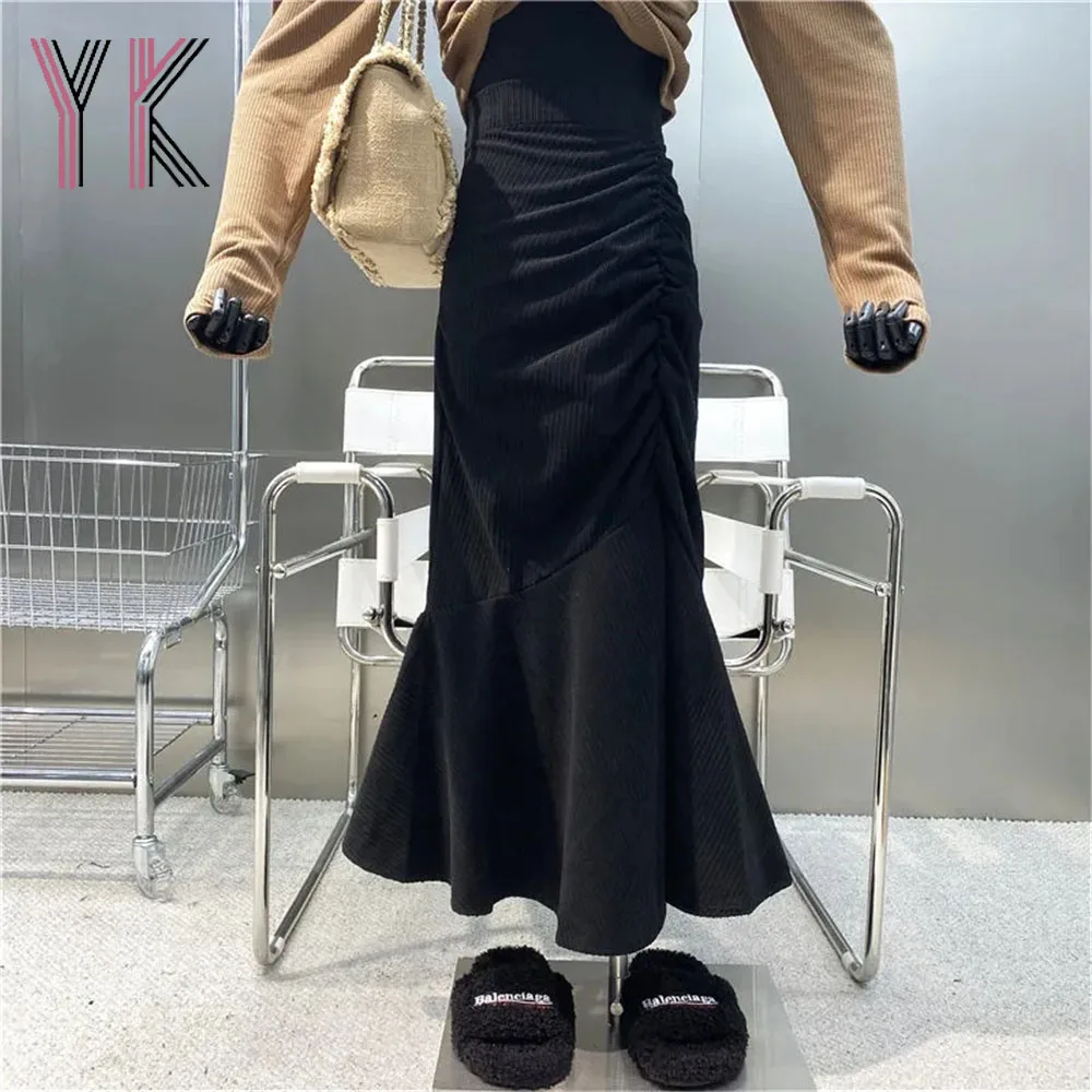 

Pleated High Waist Slimming Corduroy Trumpet Long Skirts Korean Fashion Elegant Black Mermaid Skirts Spring Autumn Vintage Saia