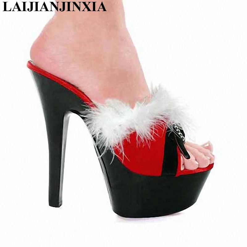 New 17cm Red lovely open-toed Slippers. Pure white rabbit hair slippers. Nightclubs shoes high with interest women's Dance Shoes