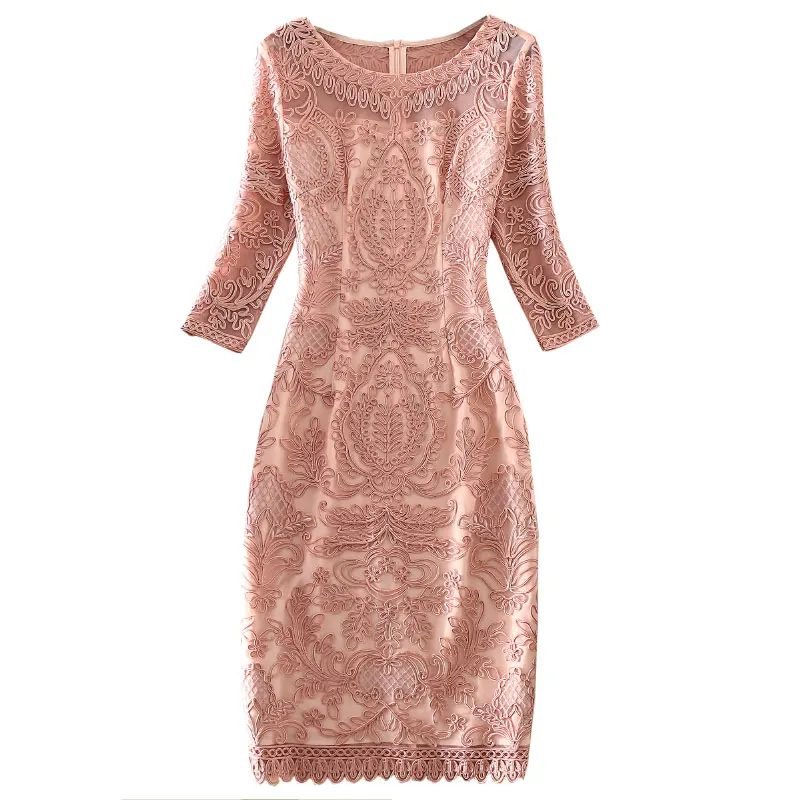 

Dress Runway Fashion Designer Women Autumn Half Sleeve Pink Red Flower Embroidery Elegant Slim Midi XXL 3XL Dress
