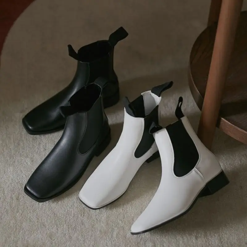 

Rizabina Real Leather Women Ankle Boots Mixed Color Slip On Shoes Square Toe Flats Winter Warm Boots Fashion Footwear Size 34-39