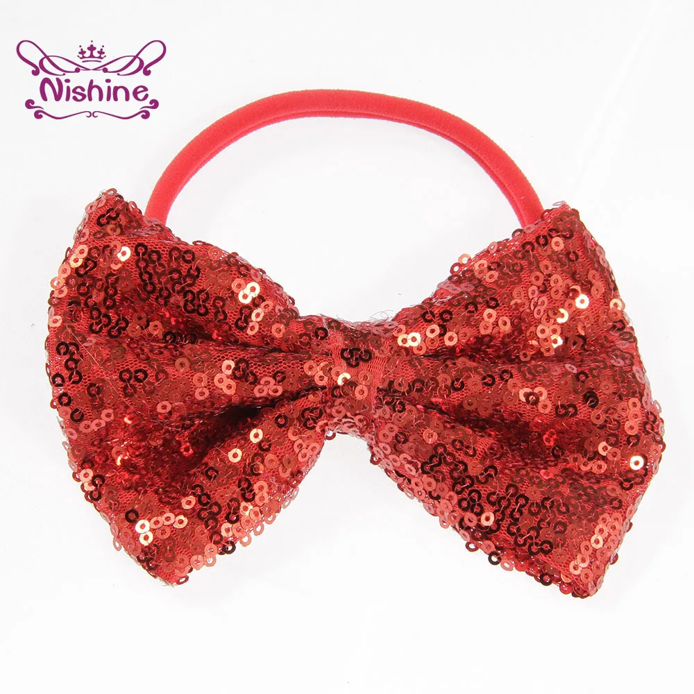 Повязка на голову для девочек нейлоновая однотонная с блестящим бантом большой