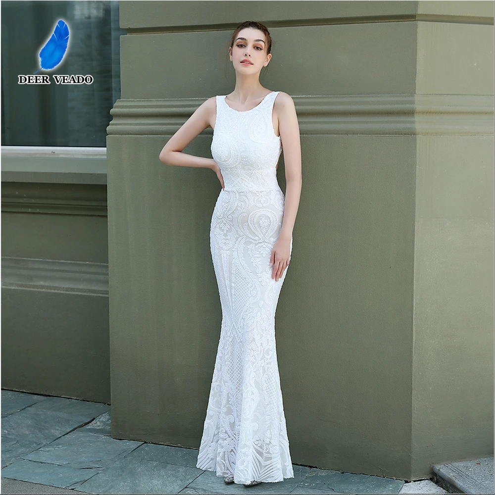 

DEERVEADO Women's White Sequins Mermaid Evening Dress Long Sexy Backless Formal Dress Evening Party Gown K18165