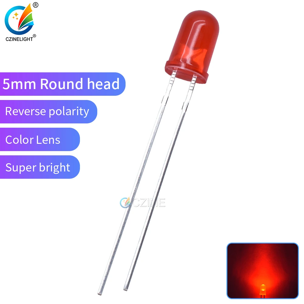 1000pcs/bag Czinelight Super Bright Reverse Polarity F5 Round Color Lens 5mm Diffused Red Led Diode 5mm Light-emitting Diode