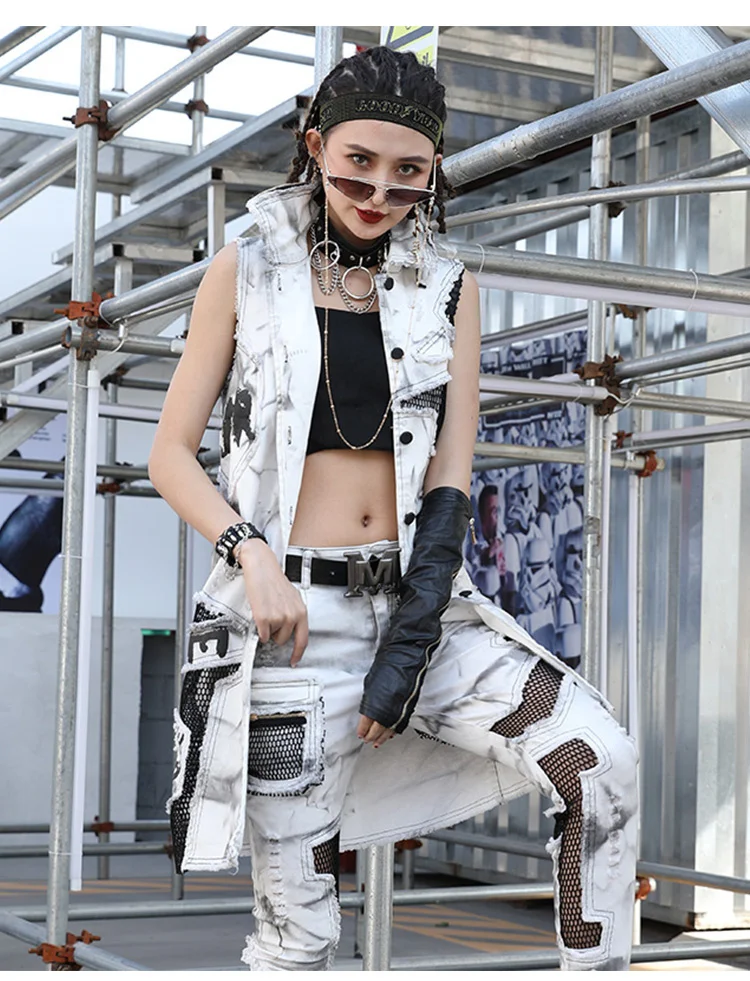 

Vefadisa White Mesh Patchwork Denim Vest Women 2021 Summer Sleeveless Denim Coat Fashion Print Spliced Female Vest QYF5833
