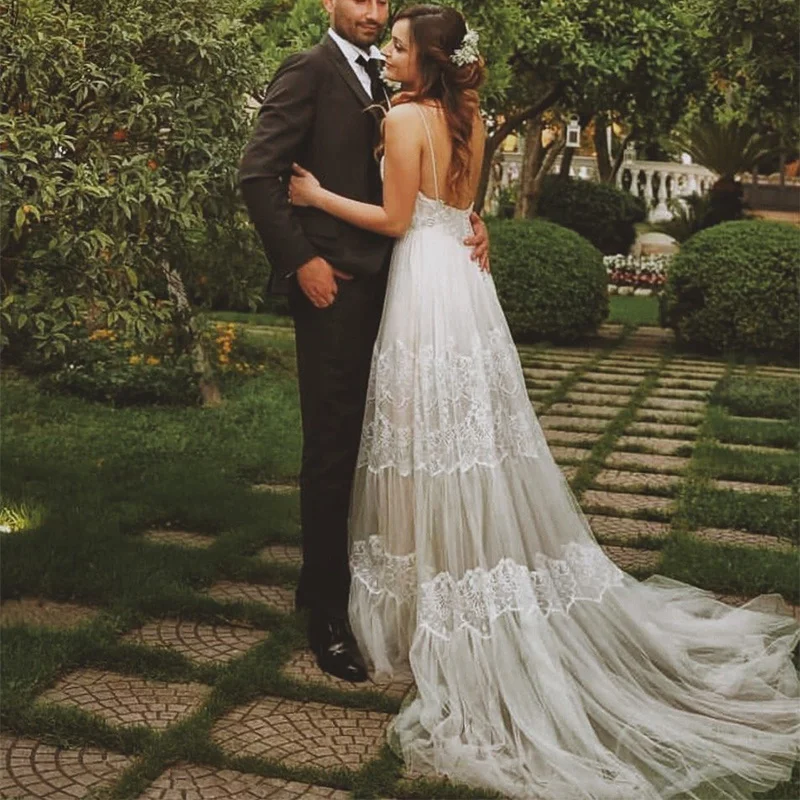 

10148# V-Neck Wedding Dresses Lace Sleeveless Spaghetti Straps A-Line Backless Bridal Dress Arabic Wedding Gowns vestido novia