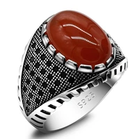 turkey jewelry men ring with red natural agate stone 925 sterling silver punk style vintage cz stone men rings for women male