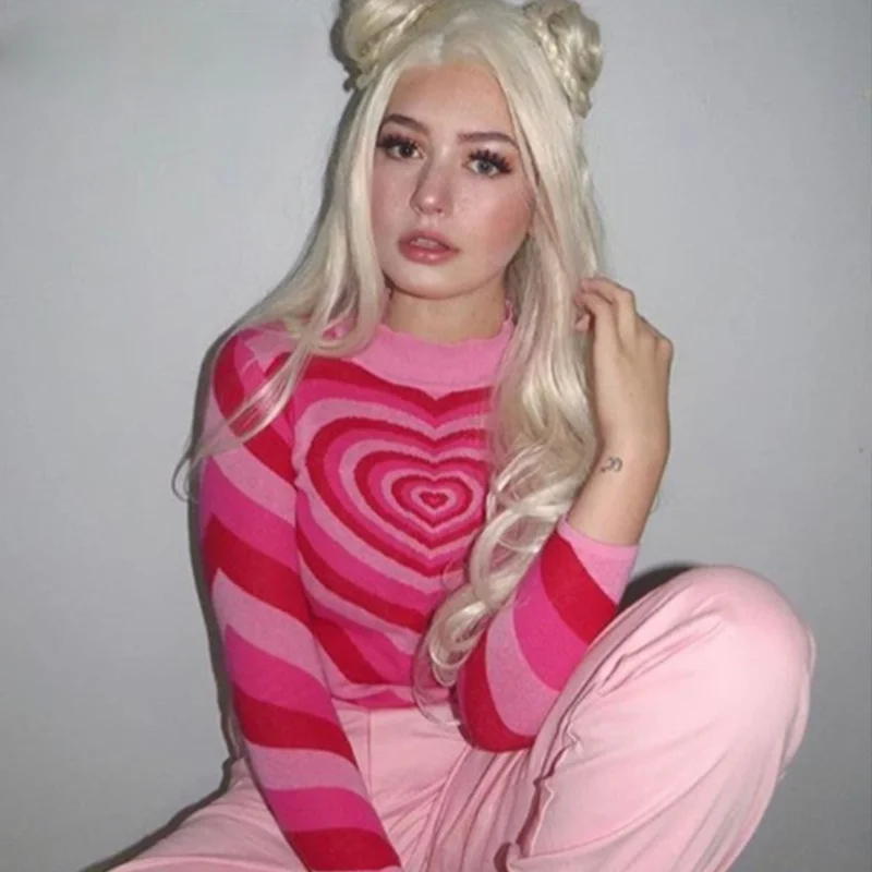 

Y2K Sweater Women Heart Striped Sweaters Autumn Winter Long Sleeve Knitted Sweaters Harajuku Pullovers Knitwear Sueter Feminino