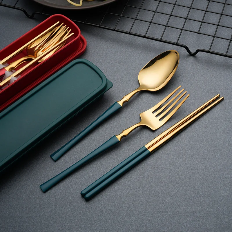 

Dinnerware Set Eco Friendly Dish Kitchen Accessories Silverware Sets Gold Knife Fork Spoon Portable Cutlery Sets With Case