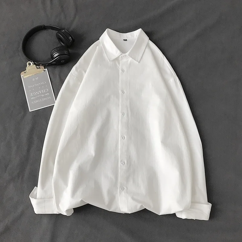 

2021 Autumn New Solid Color Hong Kong Style Loose Japanese Large Size Simple Loose Shirt Trendy Student Lapel Shirt