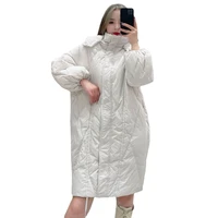 winter stand collar down jacket mid length plus size over the knee loose hooded white duck down commuter straight jacket