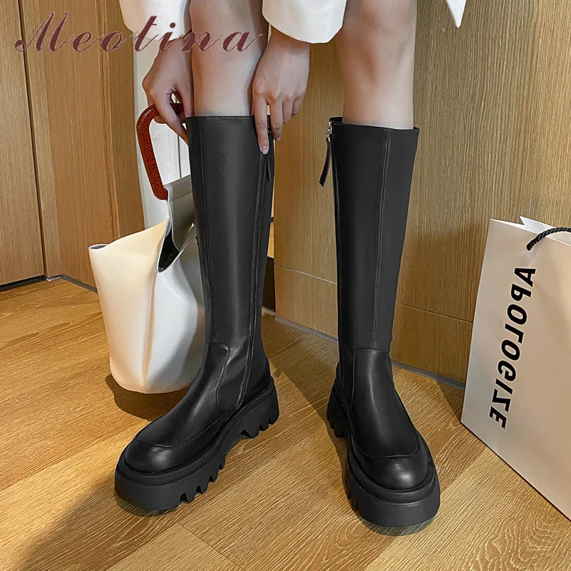 

Meotina Knee High Boots Women Shoes Natural Genuine Leather Flats Platform Riding Boots Zipper Ladies Long Boots Autumn Black 40