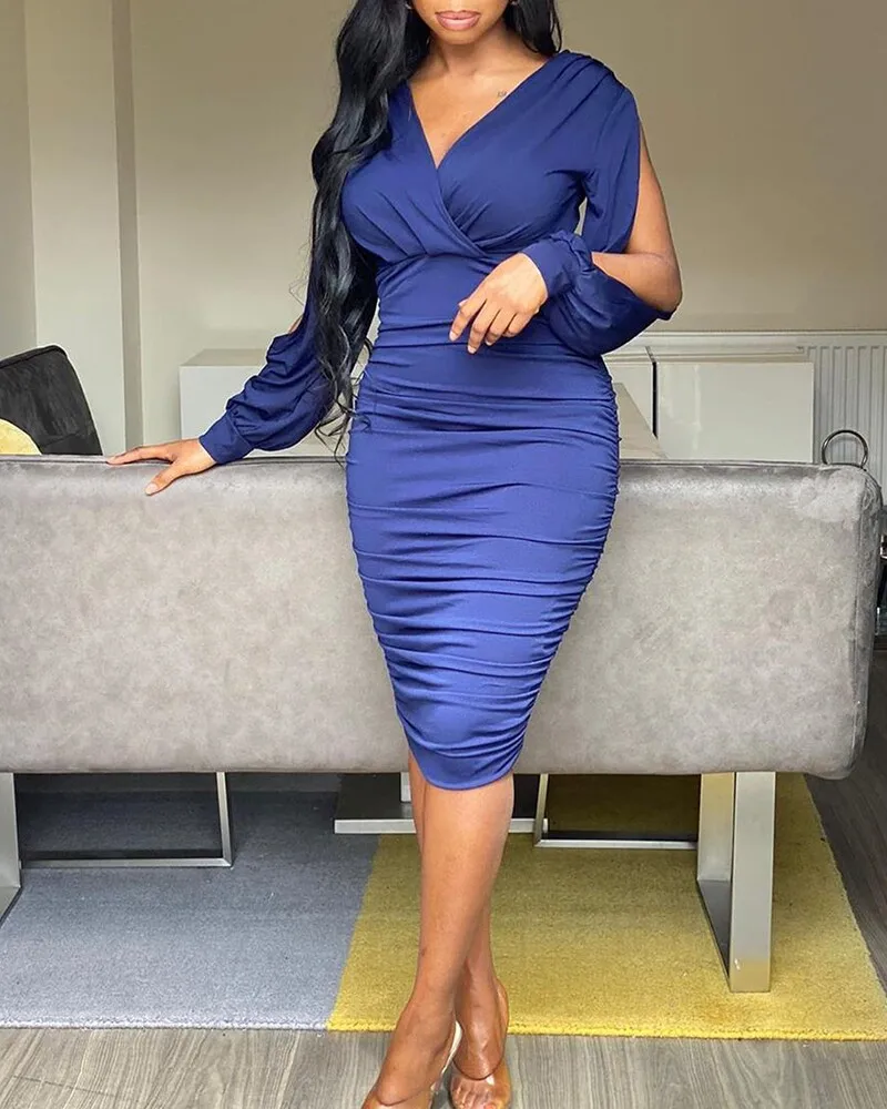 

Donsignet Spring/Autumn Fashion Women Sets Puff Sleeve Long Sleeve Solid Color Slim High Waist Blue Mid-length Dresses Woman
