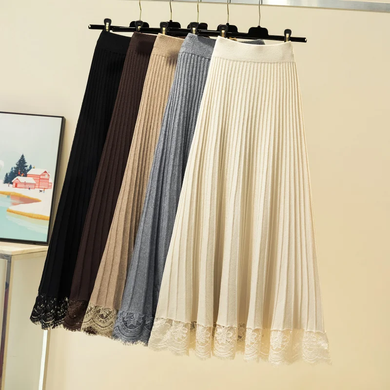 

Женская кружевная вязаная юбка, Осень-зима 2021, новая плиссированная юбка А-силуэта, шерстяная длинная юбка средней длины