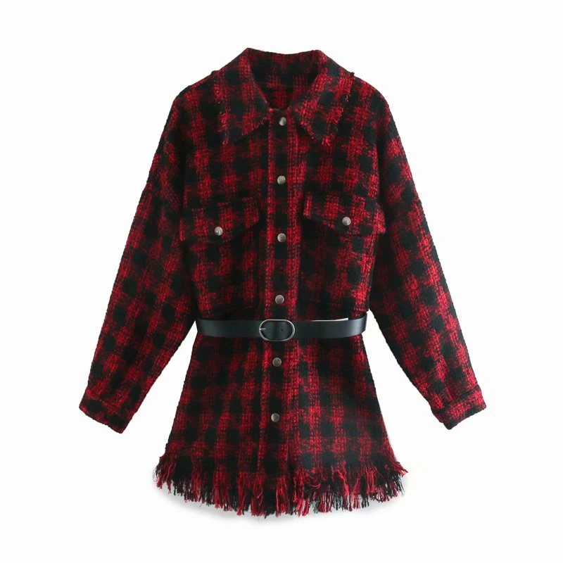 

Women Oversized Red Houndstooth Jacket 2020 New Fashion Plaid Wool Blend Coat Belted Tassel Checked Outerwear Chaqueta Mujer