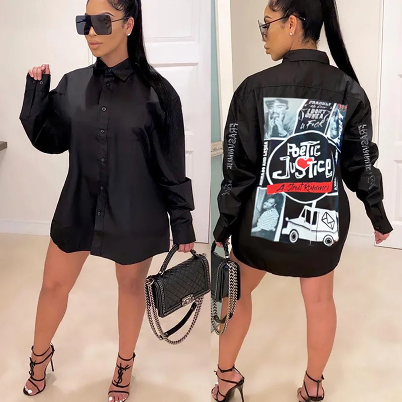 

Women Casual Letter Print Blouse Dress 2021 Sexy Turn Down Collar Long Sleeve Shirt Dress Spring Buttons Up Loose Dresses