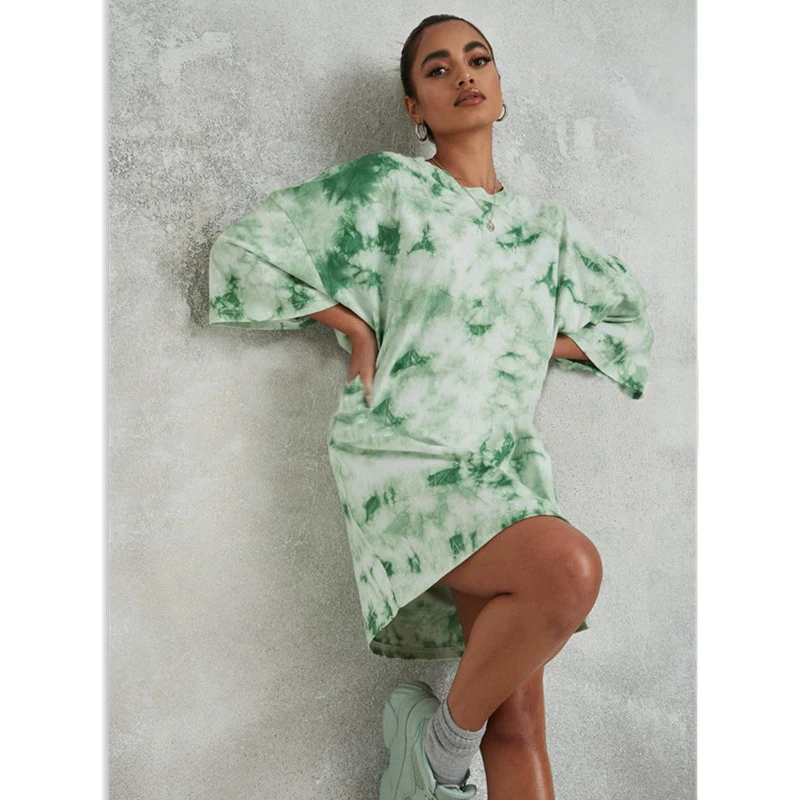 

Women's Knee-length Skirt Summer Round Neck Solid Color Tie-dye Pullover Short-sleeved Knee-length Skirt Casual Loose Dress
