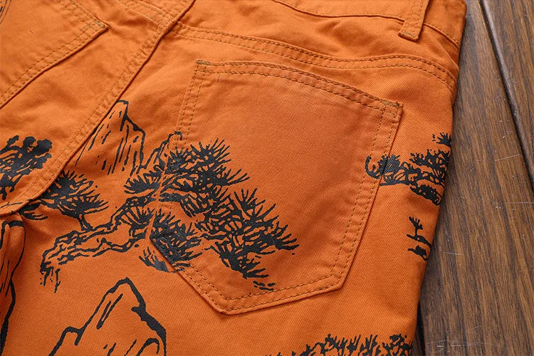 2021 New Men's Pants Fashion Chinese Ink Wash Painting Printed Jeans Tiger Slim Fit Stretch Denim Trousers 30-38