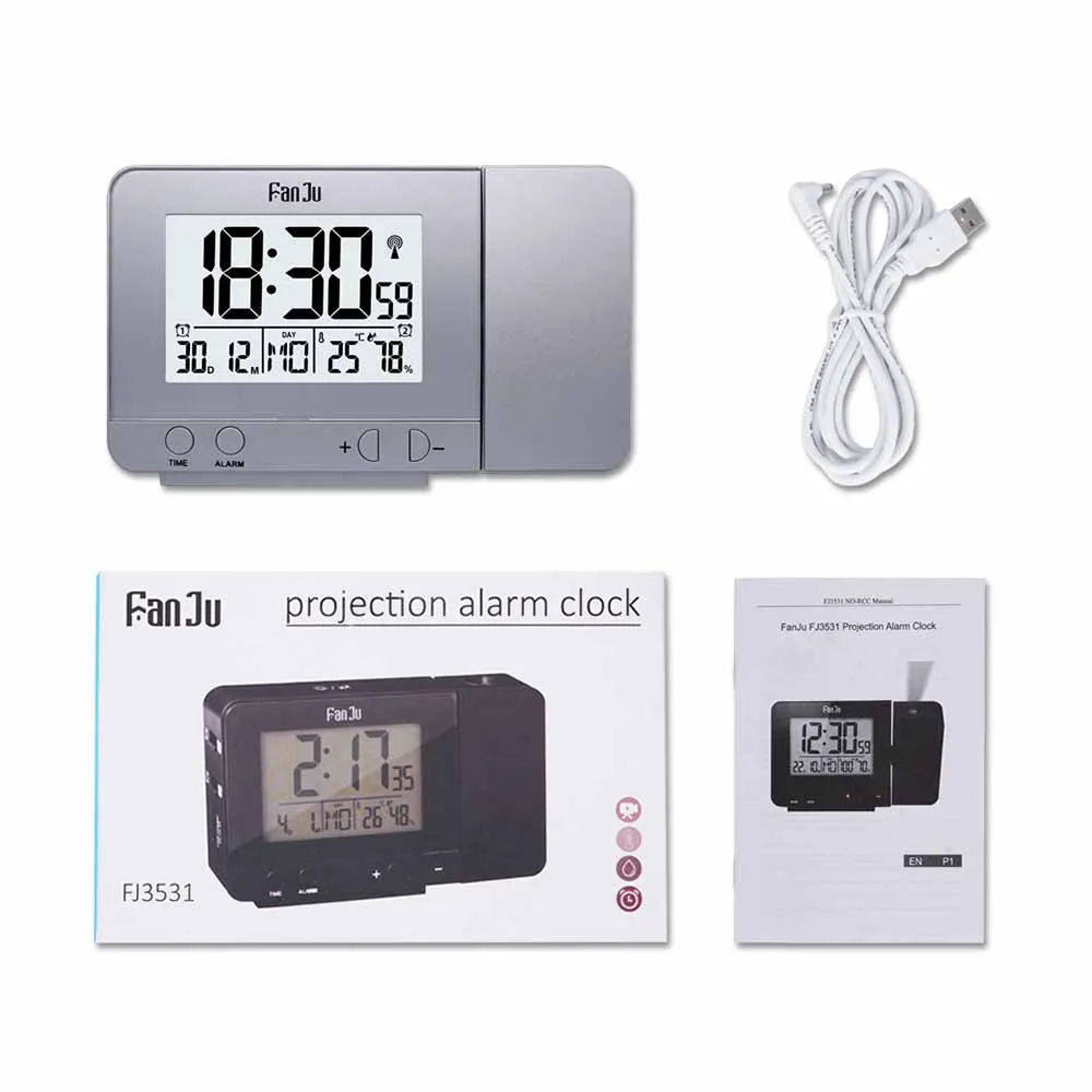 

LED Screen Digital Alarm Clock Desktop Clock USB Charge 180 Rotation Projection Clock Humidity Calendar Time Watch Backlight