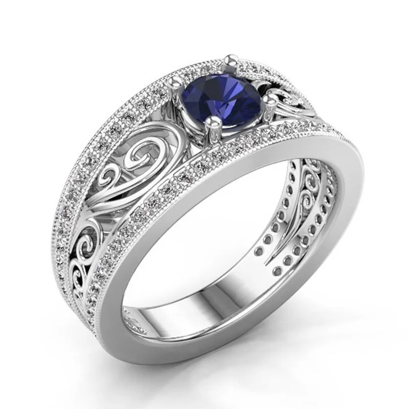 Богемное круглое кольцо с синим цирконием модное серебряное обручальное для
