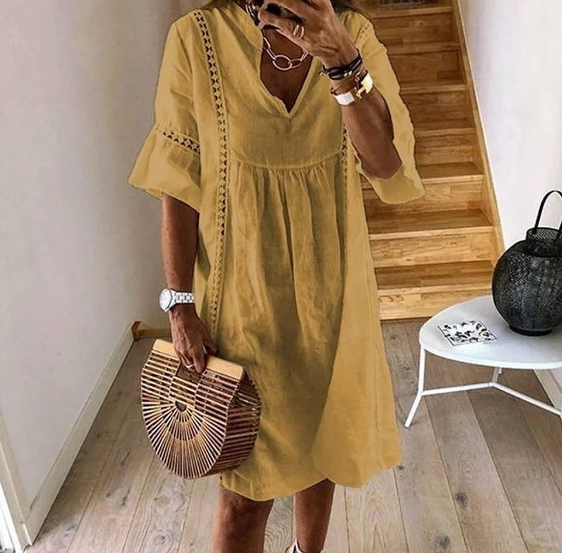 

2021 Summer new Lace Dress Women's Sundress Fashion Flare Sleeve Short Vestido Female Bohemian V Neck Robe Femme Party Shirt
