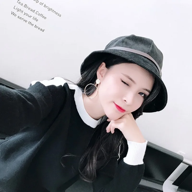 New Women's Casual Belt Basin Hat Autumn and Winter Corduroy Fisherman Hat Korean Version of The Wild Big Foldable Top Hat Tide