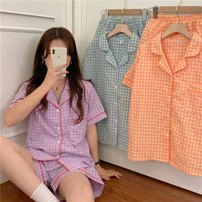 

CBAFU new summer pajama set women plaid short sleeve homewear 2 piece set girls sleepwear blouse shorts loungewear cotton N055