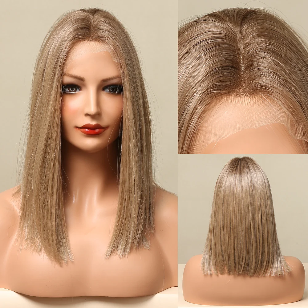 

HENRY MARGU Short Straight Blonde Synthetic Lace Front Wigs Shoulder Length Natural Hairline Lace Wigs with Baby Hair for Women